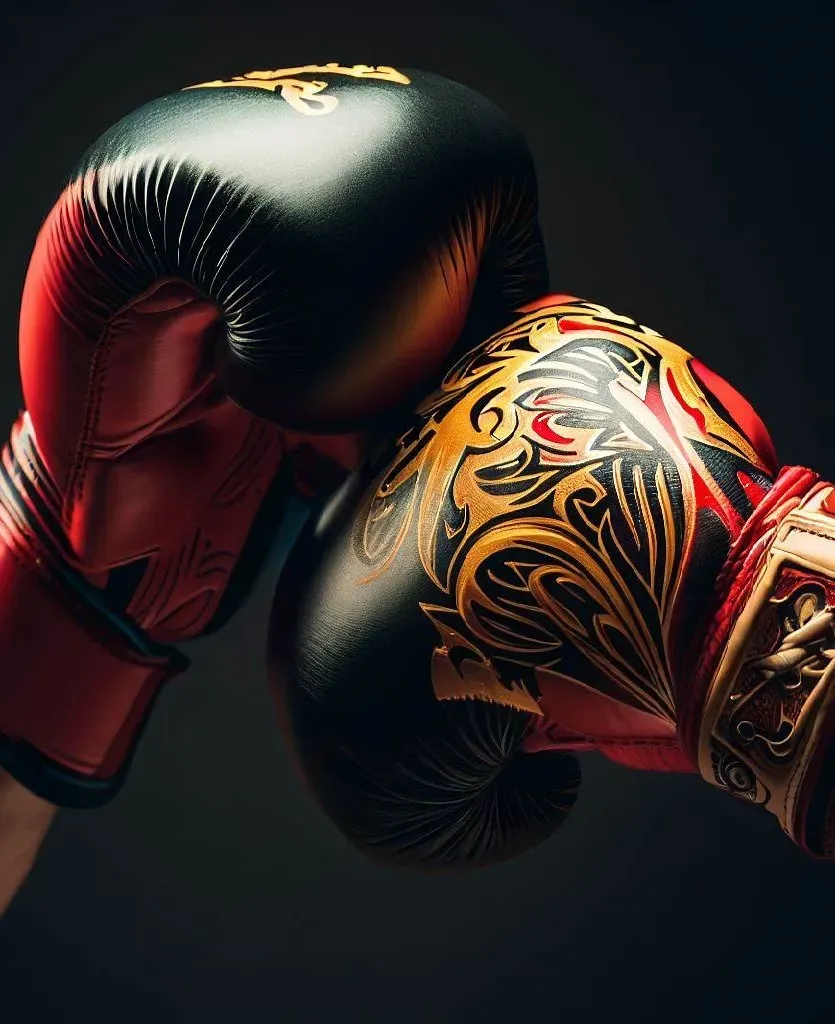 Muay Thai gloves resting on boxing ring ropes